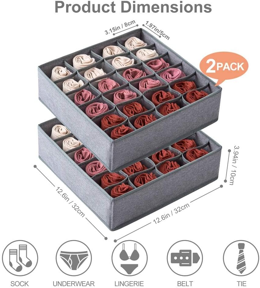 2 Pack Socks Underwear Drawer Organizer Divider | 24 Cell, Collapsible, Cabinet Closet Organizer Storage Boxes, For Clothes, Socks, Lingerie, Underwear, Ties - view 2