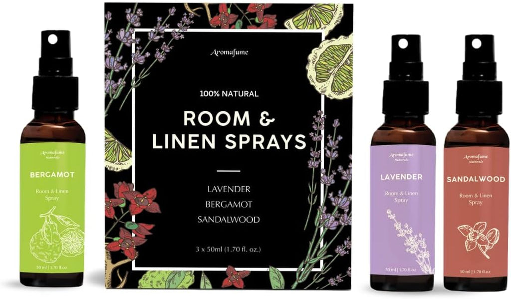 Lavender, Bergamot & Sandalwood Room & Linen Spray Gift Set | Made with Pure Essential Oils| Lavender for Sleep, Bergamot to Uplift & Sandalwood to Calm | Aromatherapy Gifts