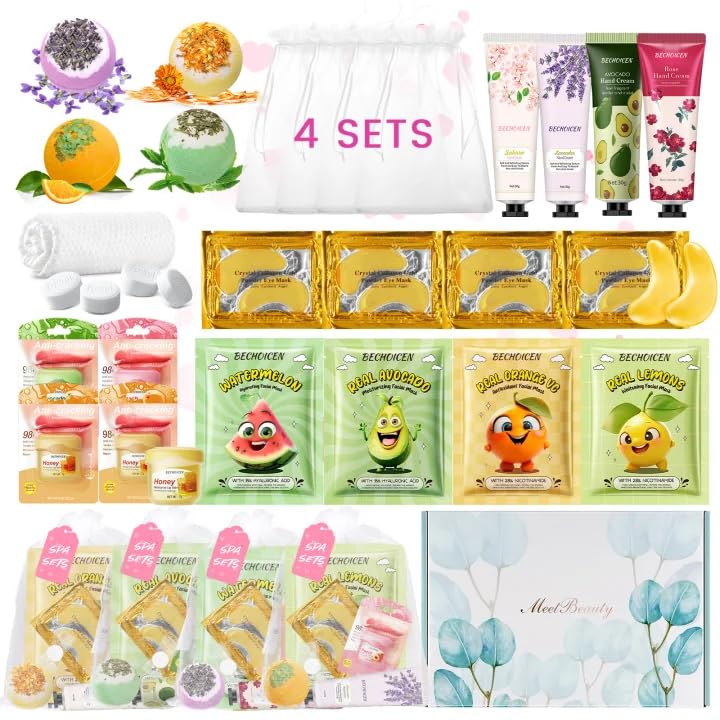 28pcs spa birthday party supplies, 4 set spa party favors kit with facial masks eye patches hand cream lip balm foot bath bombs, ideal gift for sleepovers & birthdays, safe for all skin types