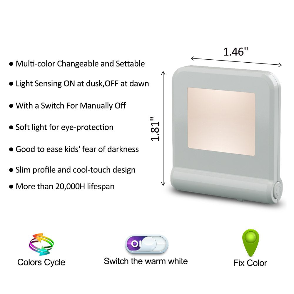 Plug in LED night light with smart dusk to dawn sensor, multi-color changeable nightlights, energy efficient night lamp for bedroom, baby room, kitchen, hallway, stairway, 2 pack - view 5