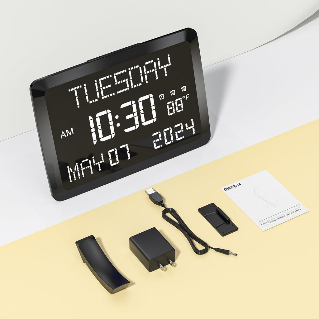 11.5-inch large digital wall clock with date and day | tabletop or wall clock for seniors with alarm, battery backup, 5-level dimmer, dual USB, indoor temperature and 12/24H - view 8