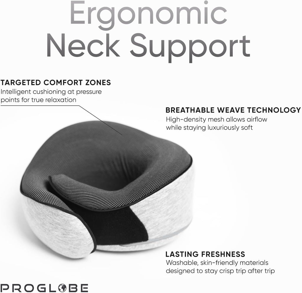 Travel neck pillows for airplanes, sleeping essentials for long haul flights, 360° head support, car and airplane kit with 3D contoured eye mask, earplugs and luxury mesh bag (adult, grey) - view 3