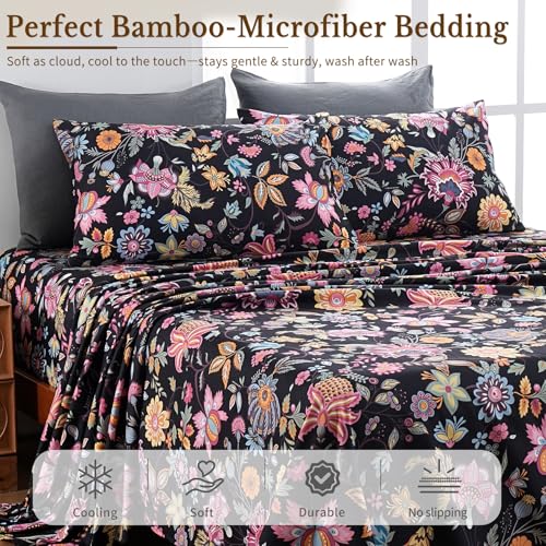 Soft Cooling Twin Sheet Set - Blend Rayon Derived from Bamboo,1800 Thread Count Floral Bed Sheets Oeko-Tex Certificated - Black Yellow - view 2