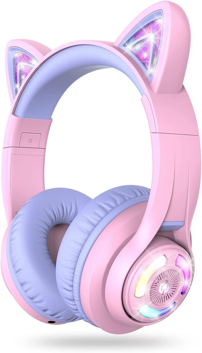 Kids Bluetooth headphones for girls, LED cat ear travel gift | SafeSound tech, 50H playtime, USB C charging, AUX cable, stereo sound, kids headphones wireless with mic for tablet, Purple