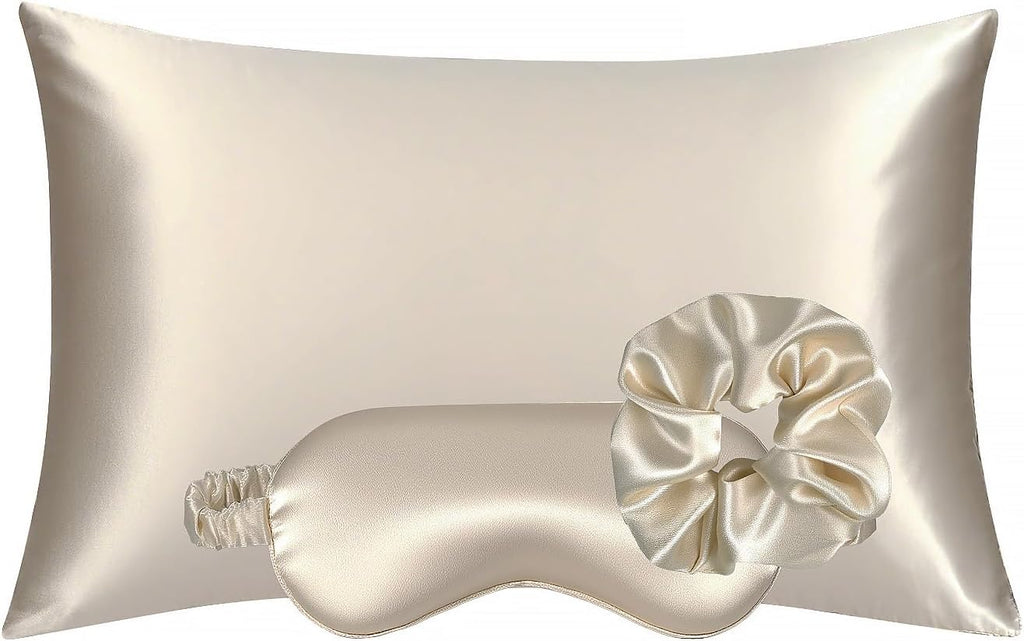 Satin sleep set – pillowcase, eye mask & scrunchie – champagne | frizz-free 3-piece self care kit for hair & skin, large no-crease scrunchie, standard 20"x26", beauty sleep set