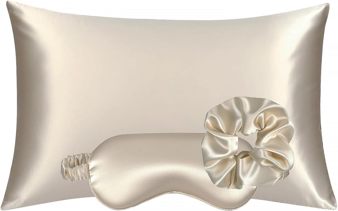 Satin sleep set – pillowcase, eye mask & scrunchie – champagne | frizz-free 3-piece self care kit for hair & skin, large no-crease scrunchie, standard 20"x26", beauty sleep set