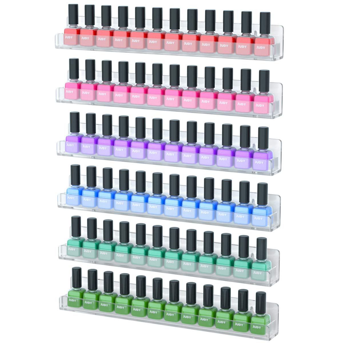 6 Pack Nail Polish Rack Wall Mounted Shelf with Removable Anti-Slip End Inserts, Clear Acrylic Nail Polish Organizer Display 90 Bottles | Acrylic Nail Polish Rack with Removable Anti-Slip End Inserts, Nail Polish Organizer Shelf Display, 90 Bottles, Clear