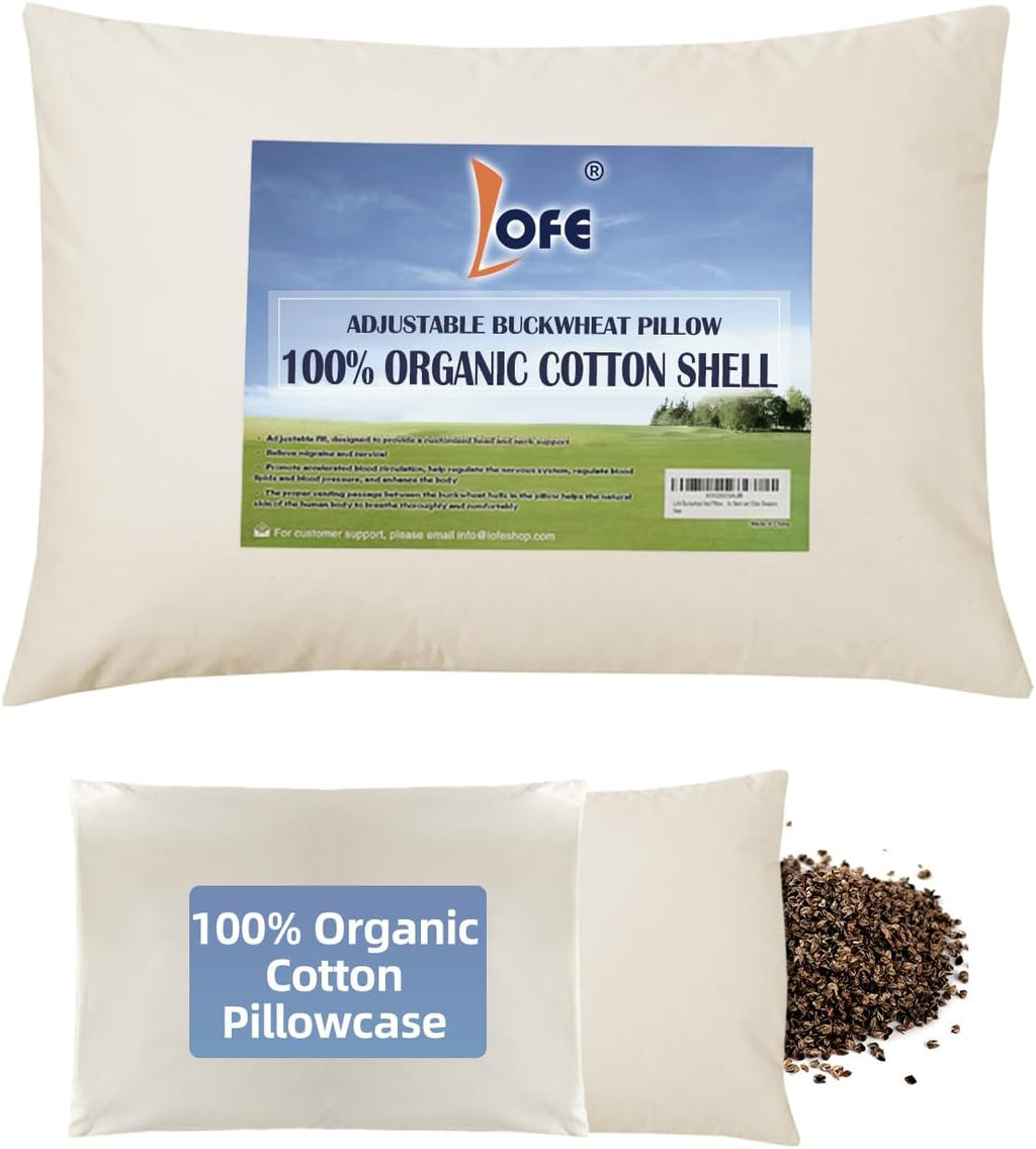 Organic Buckwheat Pillow for Sleeping with Organic Cotton Pillowcase | Kids/Travel Size 11''x16'' Adjustable Firmness & Height for Neck Pain Relief, Buckwheat Travel Pillow For Side/Back Sleepers