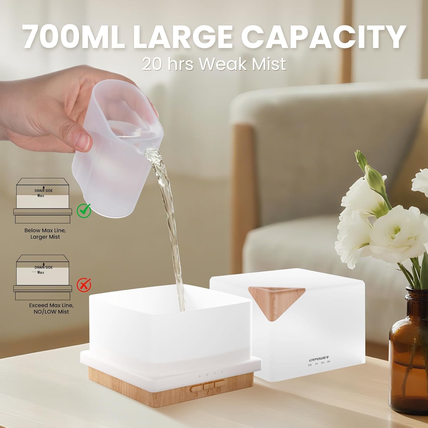 Aromatherapy Essential Oil Diffuser Humidifier, 700ml Large Capacity Modern Ultrasonic Aroma Diffusers Running 20+ Hours with Adjustable Mist Mode/4 Timer Settings for Home Office Study - view 4