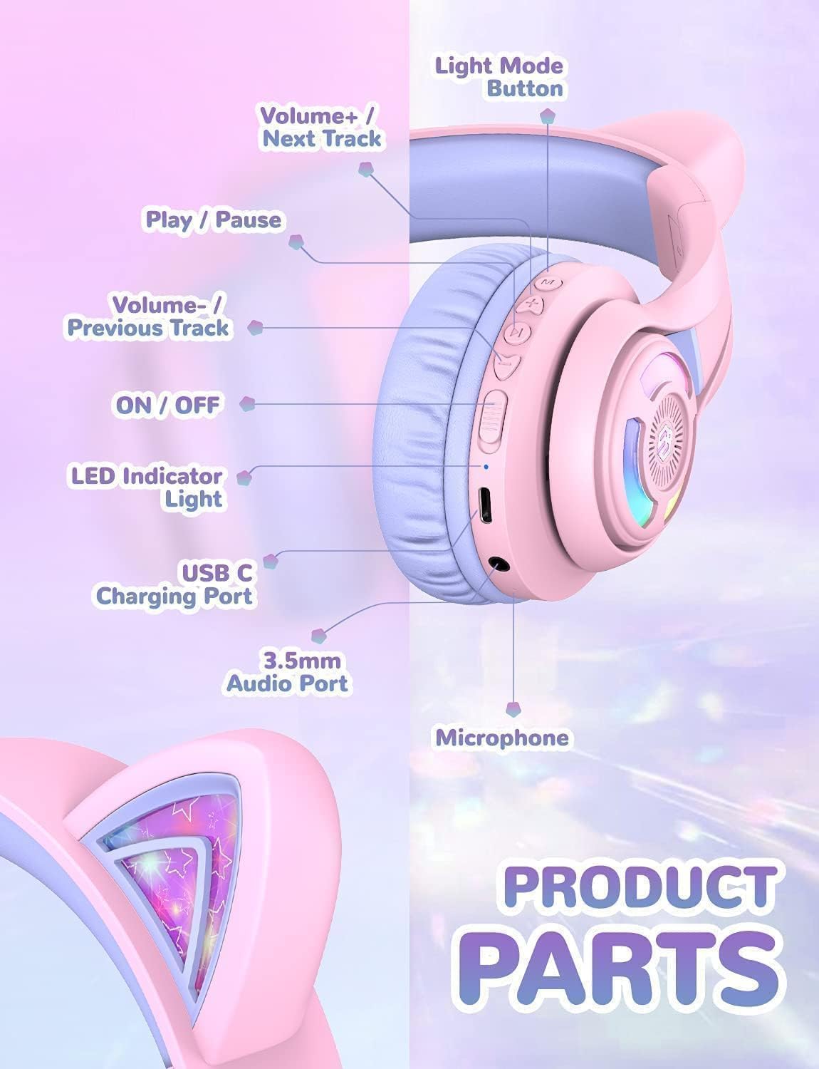 Kids Bluetooth headphones for girls, LED cat ear travel gift | SafeSound tech, 50H playtime, USB C charging, AUX cable, stereo sound, kids headphones wireless with mic for tablet, Purple - view 5
