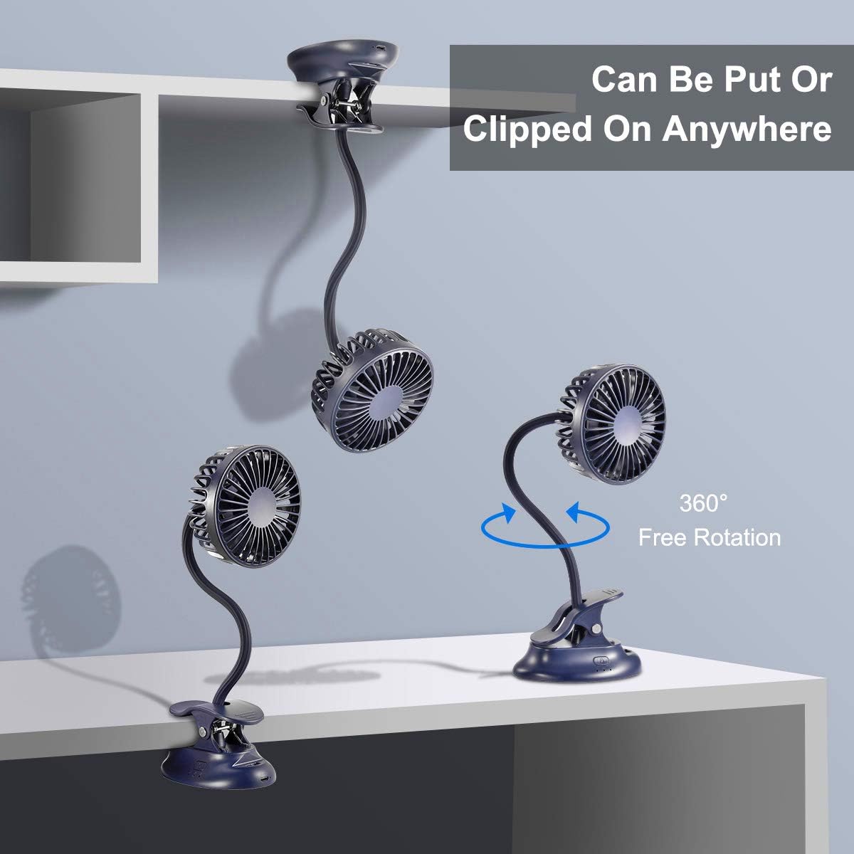 Clip on fan USB battery operated desk clip fan with emergency power bank, baby stroller fan rechargeable personal fan flexible neck 3 speeds great for beach car camping dorm bed office-navy blue - view 4