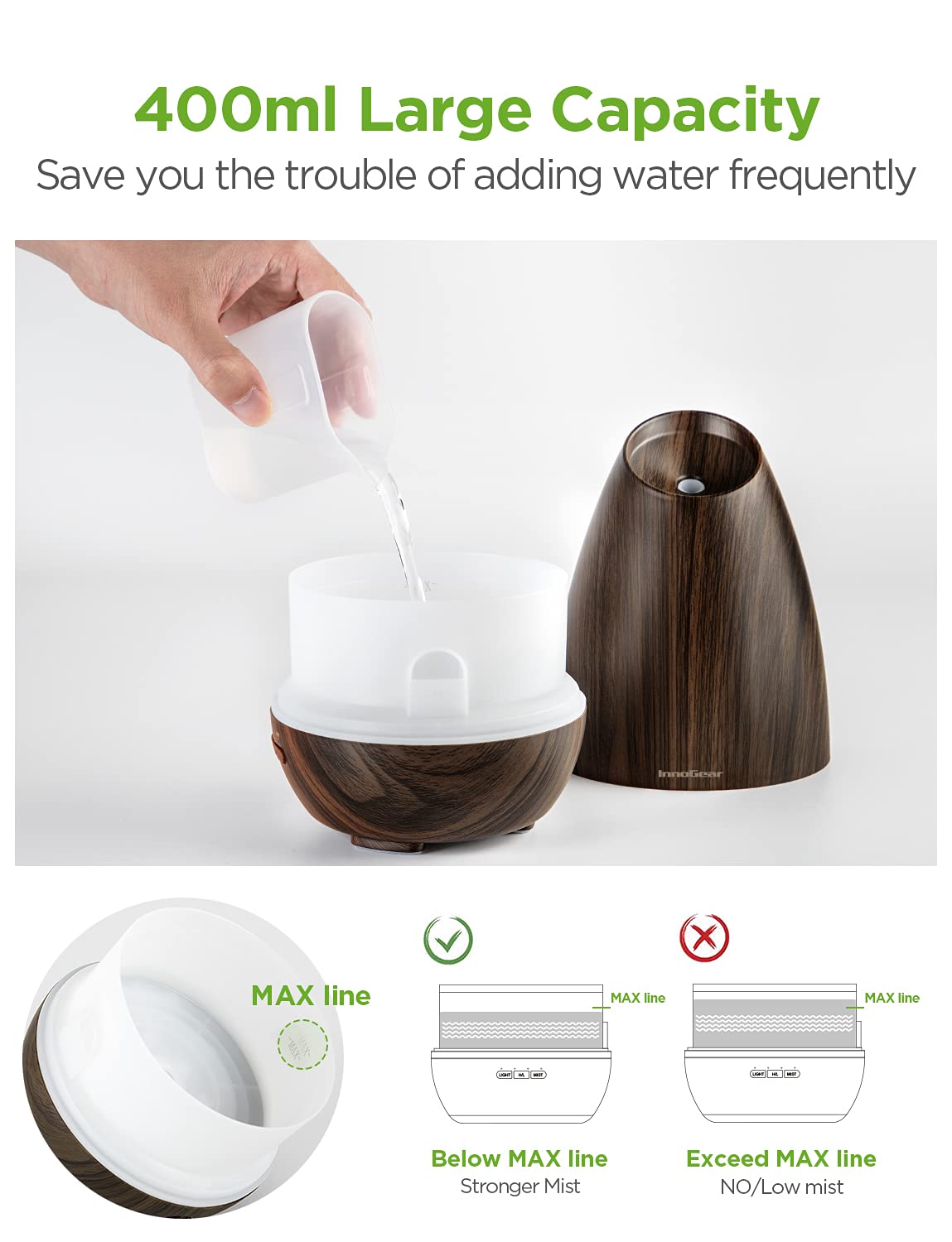 Essential Oil Diffusers, 400ml Aromatherapy Diffuser for Essential Oils Cool Mist Humidifier with 4 Timer Adjustable Mist Waterless Auto-Off for Home Office Bedroom, Brown Wood Grain - view 2