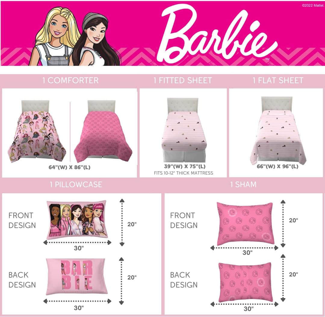 Barbie Barbiecore Bedding Super Soft Comforter and Sheet Set with Sham, 5 Piece Twin Size, College Dorm Essentials (Official Licensed Product) - view 2