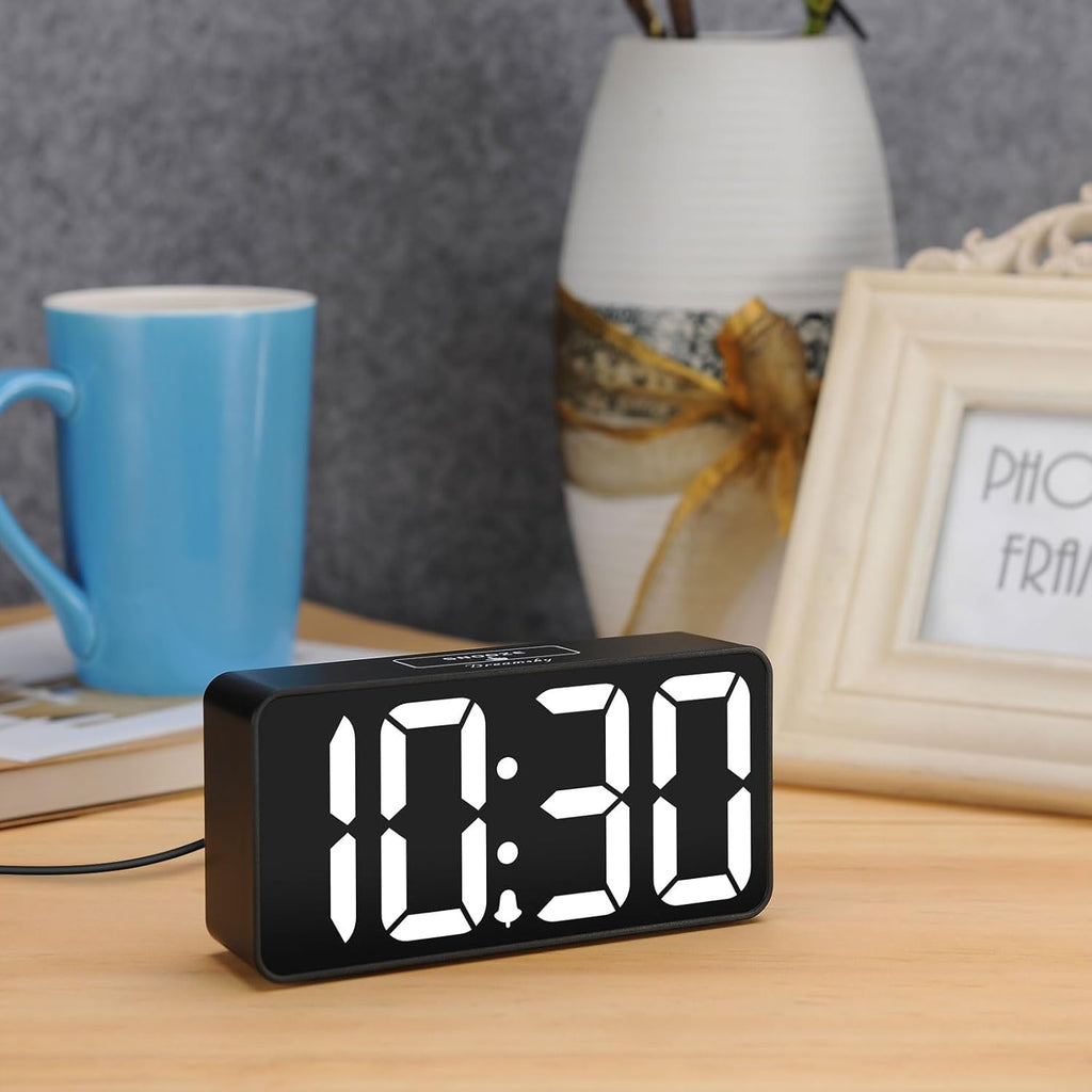 Small digital alarm clock for bedroom, large big numbers display | clocks for living room, electric bedside desk clock with USB charging port, dimmer, adjustable volume, USB-C adapter powered - view 5