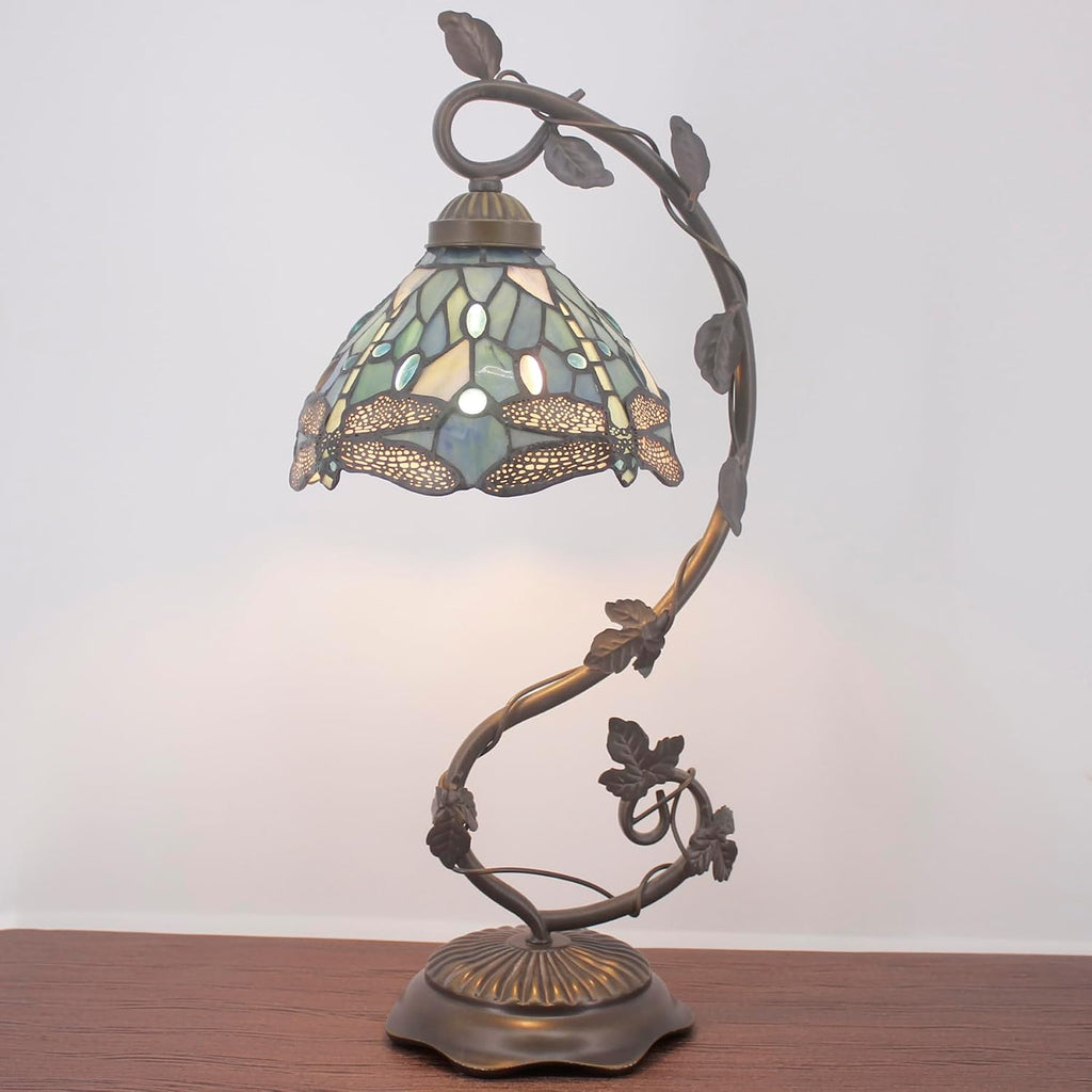 Tiffany Lamp Sea Blue Stained Glass Dragonfly Style Table Light | Metal Leaf Desk Reading Lamp Base 8X10X21 Inches Decor Small Space Bedside Bedroom Home Office S147 Series - view 7