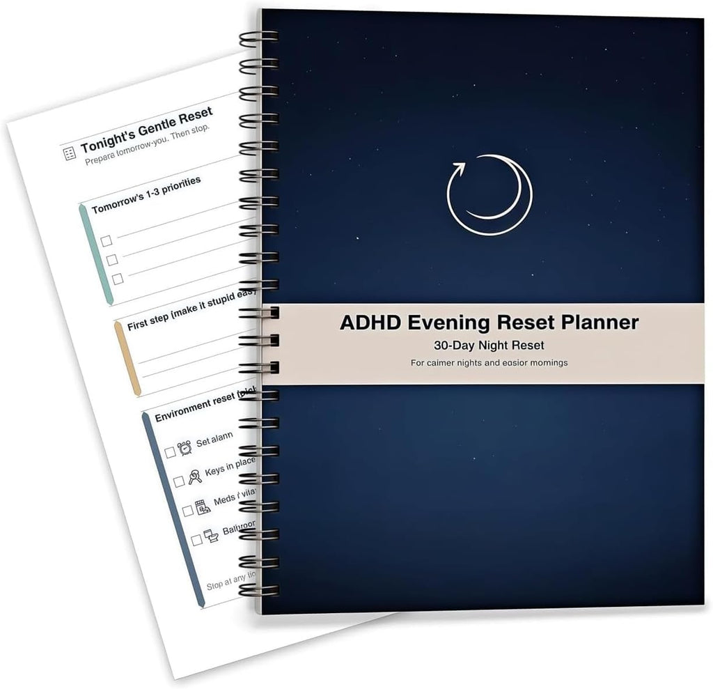 ADHD Evening Reset Planner (Undated) – 30-Day Night Routine Journal & Checklist, Calm Your Mind Before Bed, 2/5/10-Min Reset System, Brain Dump for Racing Thoughts, For Adults & Teens