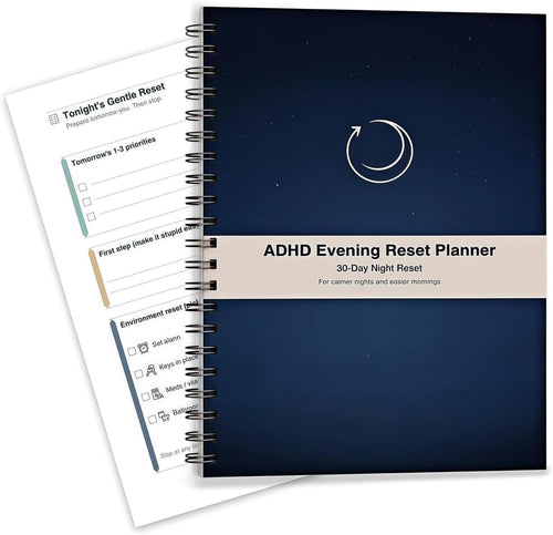 ADHD Evening Reset Planner (Undated) – 30-Day Night Routine Journal & Checklist, Calm Your Mind Before Bed, 2/5/10-Min Reset System, Brain Dump for Racing Thoughts, For Adults & Teens