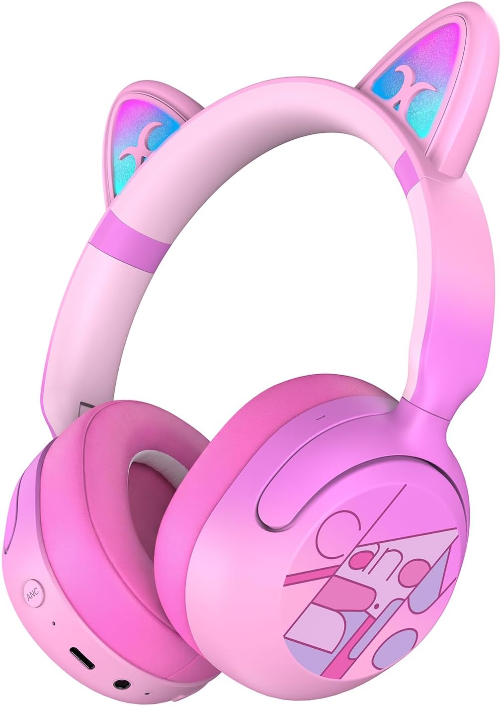 Kids Bluetooth headphones with LED cat ears, 85dB limit, pink, active noise cancelling, 40-hour playtime, Bluetooth 6.0, fast charging, built-in mic, compatible with iPad and tablets