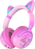 Kids Bluetooth headphones with LED cat ears, 85dB limit, pink, active noise cancelling, 40-hour playtime, Bluetooth 6.0, fast charging, built-in mic, compatible with iPad and tablets