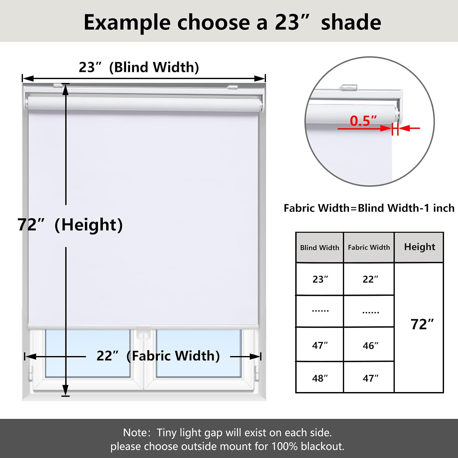 Blackout cordless roller shade for indoor windows, 23"W x 72"H, white, black out window shade with spring system, thermal insulated UV-blocking fabric, room darkening pull down blind for home door - view 5