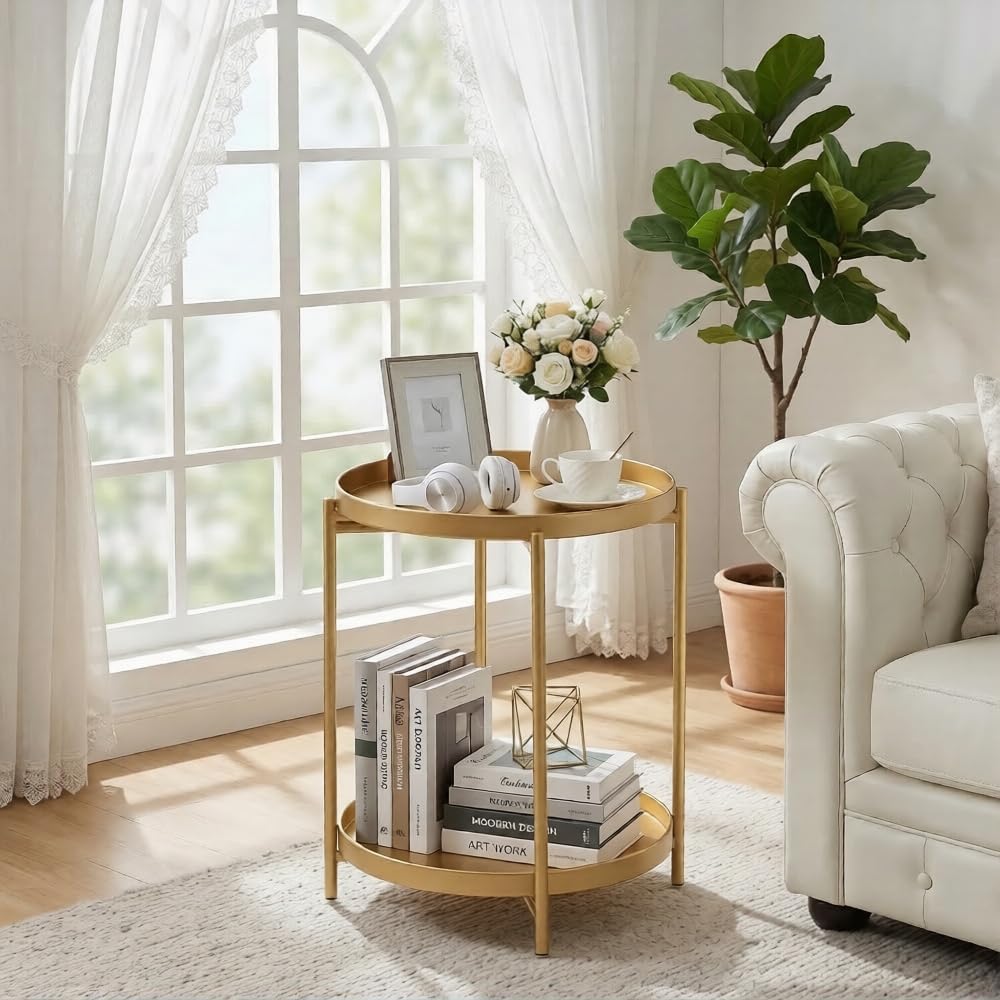 2 Tier Gold Side Table, Folding Round Metal End Table Small Nightstand with Two Removable Tray for Bedroom Living Room Small Spaces Bedside Gold - view 7