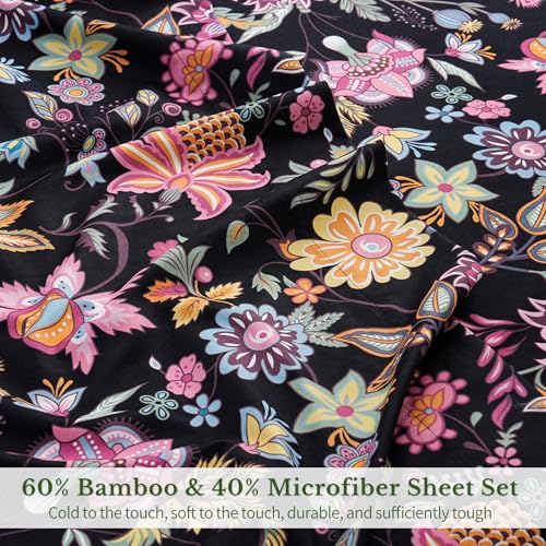 Soft Cooling Twin Sheet Set - Blend Rayon Derived from Bamboo,1800 Thread Count Floral Bed Sheets Oeko-Tex Certificated - Black Yellow - view 3