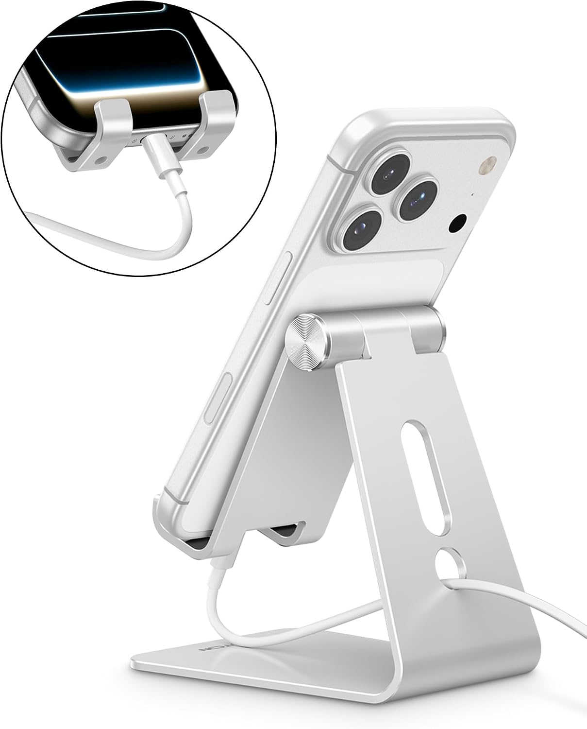 C2 Adjustable Aluminum Cell Phone Stand with Charging Cutout, Silver | Sturdy 3mm Base with Non-Slip Silicone Pads, Multi-Angle, Works with 19mm Thick Cases Smartphones, Desktop Recording Facetime - view 6