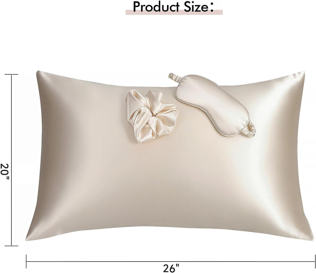 Satin sleep set – pillowcase, eye mask & scrunchie – champagne | frizz-free 3-piece self care kit for hair & skin, large no-crease scrunchie, standard 20"x26", beauty sleep set - view 2