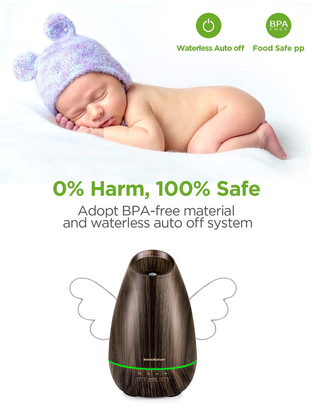 Essential Oil Diffusers, 400ml Aromatherapy Diffuser for Essential Oils Cool Mist Humidifier with 4 Timer Adjustable Mist Waterless Auto-Off for Home Office Bedroom, Brown Wood Grain - view 3