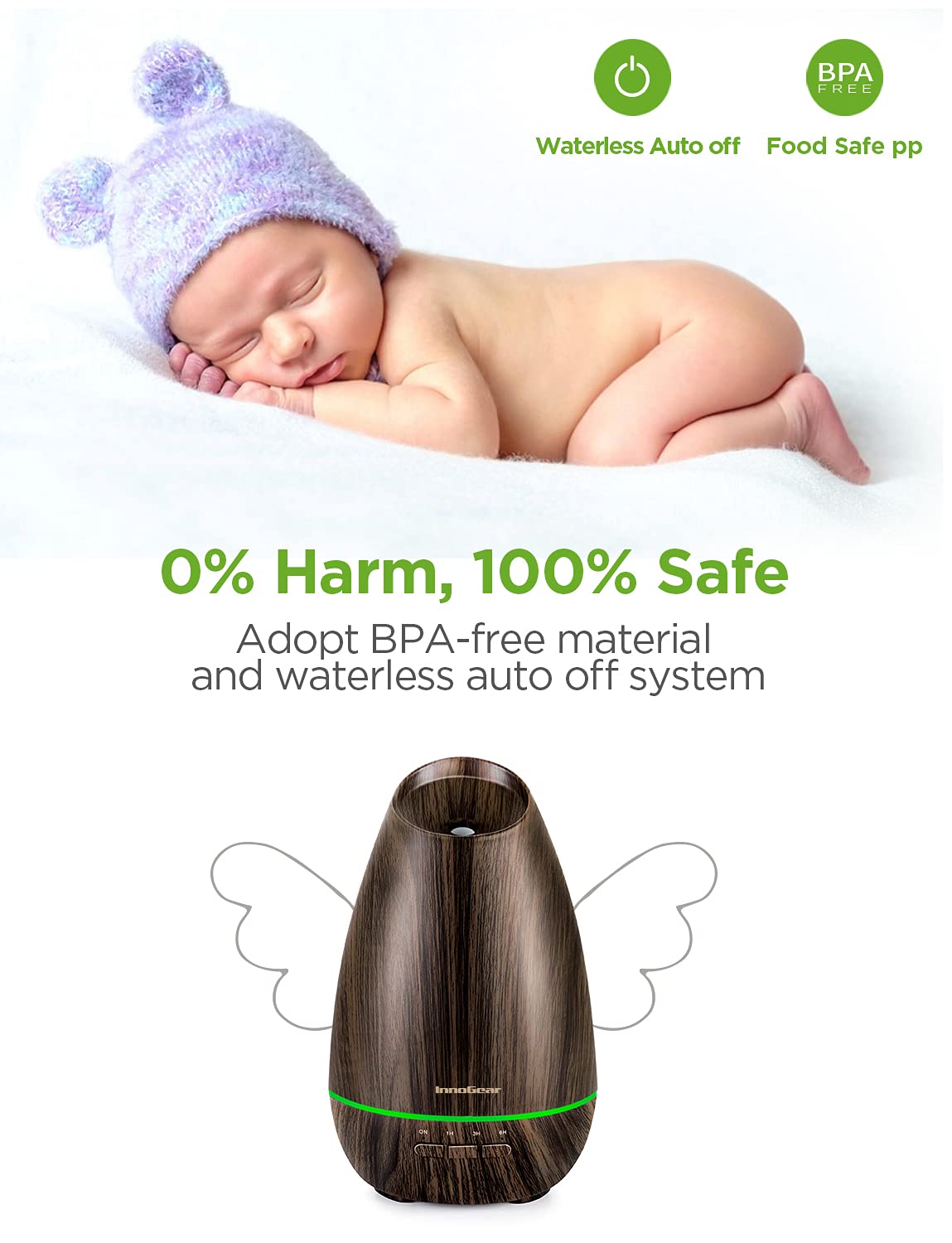 Essential Oil Diffusers, 400ml Aromatherapy Diffuser for Essential Oils Cool Mist Humidifier with 4 Timer Adjustable Mist Waterless Auto-Off for Home Office Bedroom, Brown Wood Grain - view 3