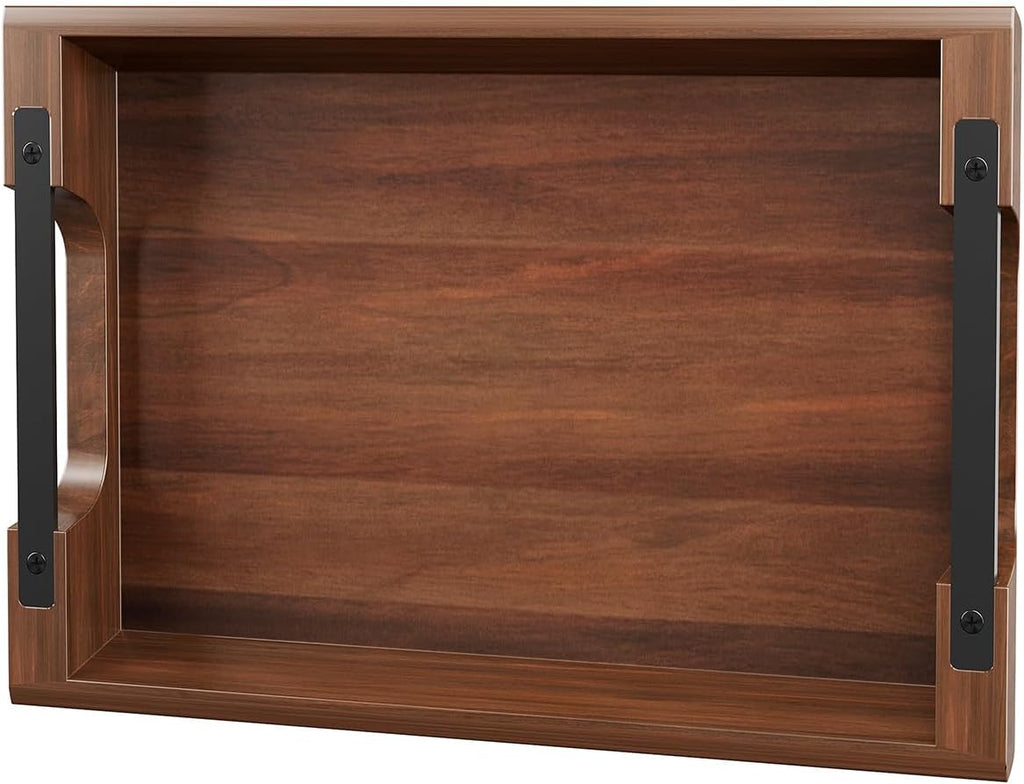 Acacia wood serving tray, 15×10in tray for ottoman, space-saving | coffee tray with metal handles, rustic wooden breakfast and drink tray, perfect for sofa arms, bedside tables, or office desk