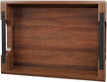 Acacia wood serving tray, 15×10in tray for ottoman, space-saving | coffee tray with metal handles, rustic wooden breakfast and drink tray, perfect for sofa arms, bedside tables, or office desk
