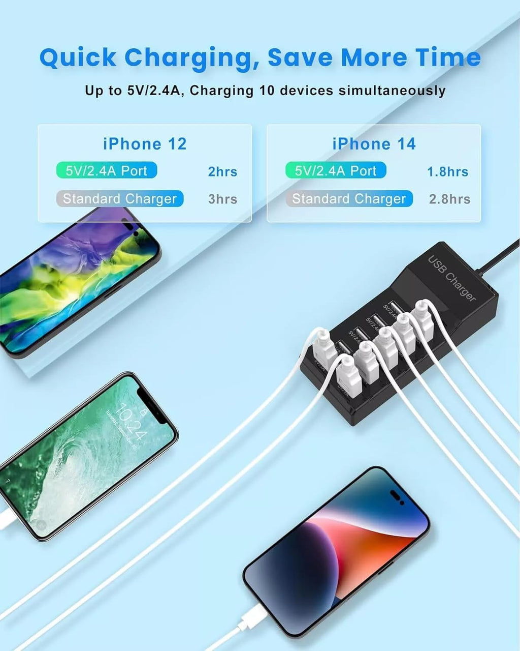 10-port USB charger block, multi USB charging station, 50W 10A power strip - view 6