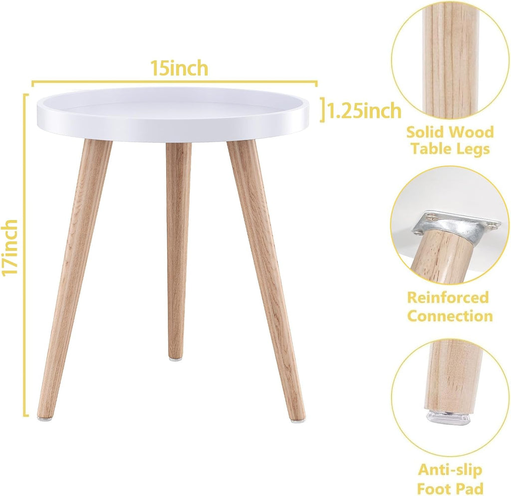 Round Side Table, White Tray Nightstand Coffee End Table for Living Room, Bedroom, Small Spaces, Easy Assembly Bedside Table, 15 x 18 Inches - view 2