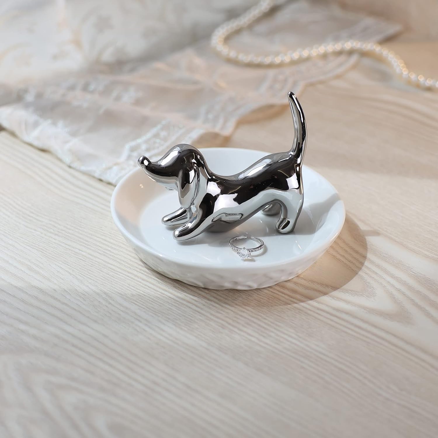 Dog ring holder, ceramic silver jewelry holder, mother's day gifts for dog mom gifts for women Christmas, Valentines - view 3