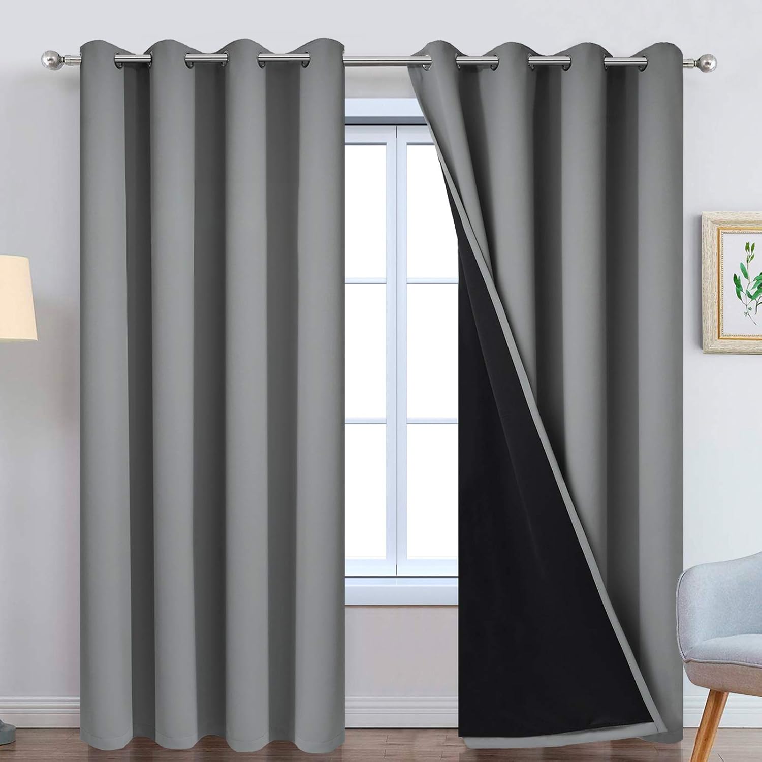 Grey 100% Blackout Curtain Panels 84 inches, 52" Wide, 2 Panels | Blackout Curtain Panels for Bedroom, 2 Thick Layers Grommet Top Thermal Insulated Drapes with Black Liner for Living Room