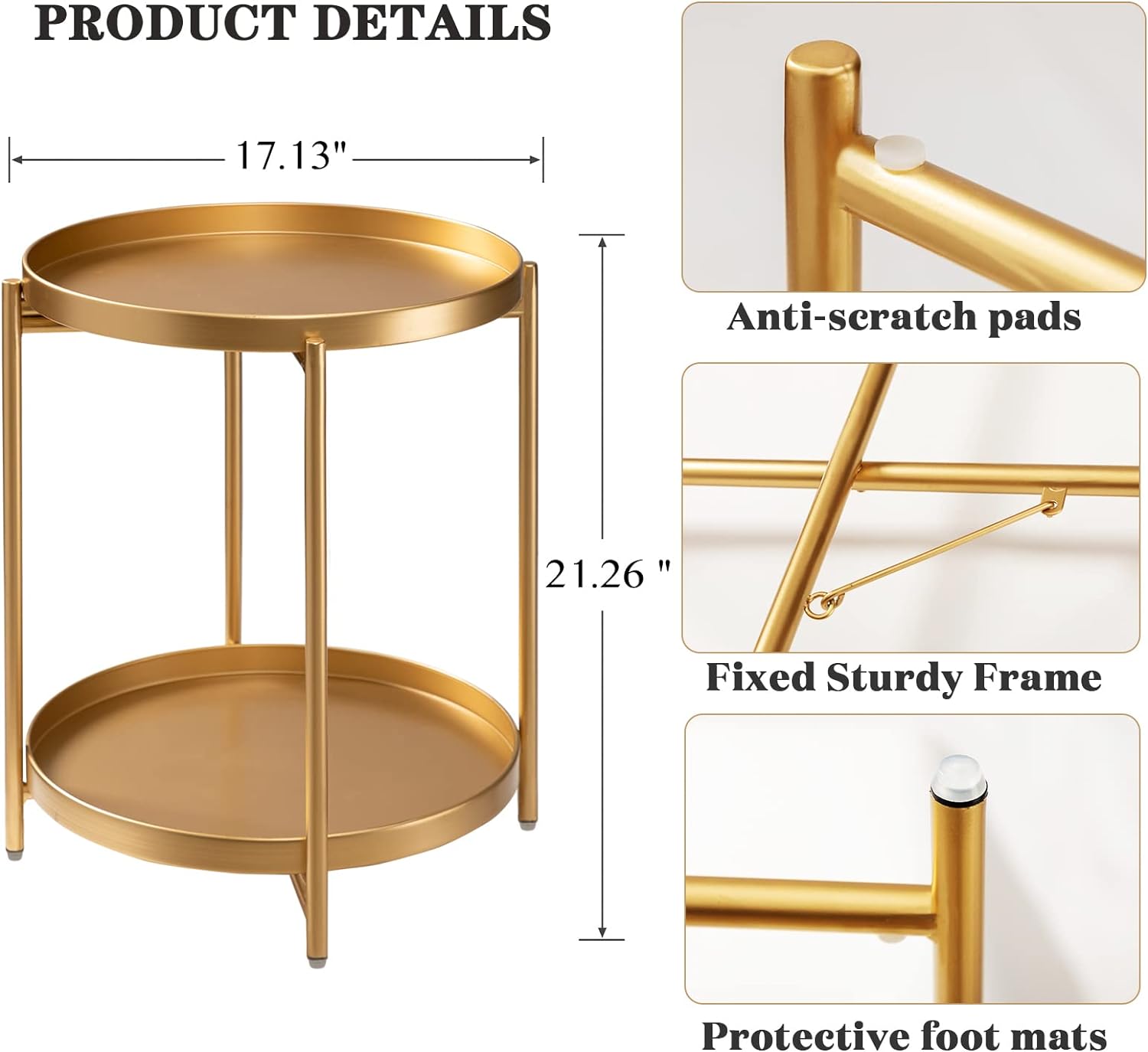 2 Tier Gold Side Table, Folding Round Metal End Table Small Nightstand with Two Removable Tray for Bedroom Living Room Small Spaces Bedside Gold - view 3