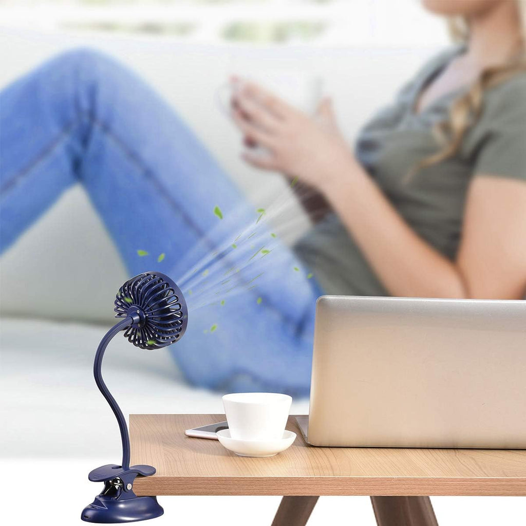 Clip on fan USB battery operated desk clip fan with emergency power bank, baby stroller fan rechargeable personal fan flexible neck 3 speeds great for beach car camping dorm bed office-navy blue - view 2
