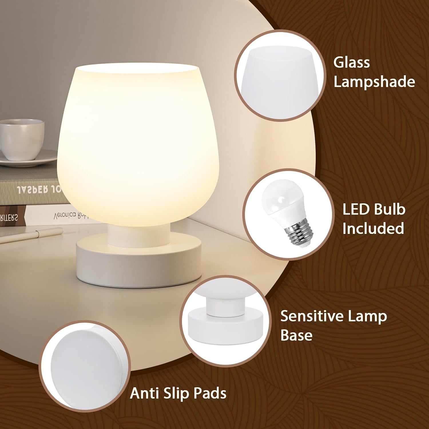 Small Touch Table Lamp for Nightstand, 3 Way Dimmable Bedside Lamp | White Glass Shade, Bedroom, Living Room, Night Stands, Small Spaces, LED Bulb Included, Gift Choice - view 8