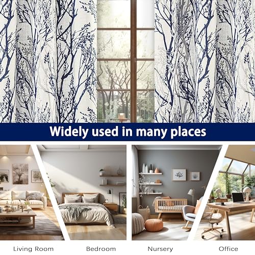 Linen Printed Blackout Curtains Tree Branch Pattern Double Layer 84 Inches Long for Bedroom Classic Thermal Insulated Summer Sound Lined Grommet Drapes for Living Room 2 Panels Blue/Linen - view 6