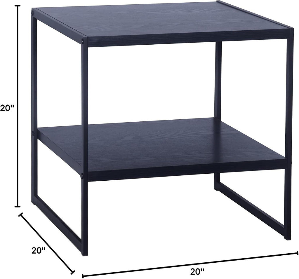 Square Side End Table with Storage Shelf, Oak Wood Grain and Black Metal Frame, Black - view 8