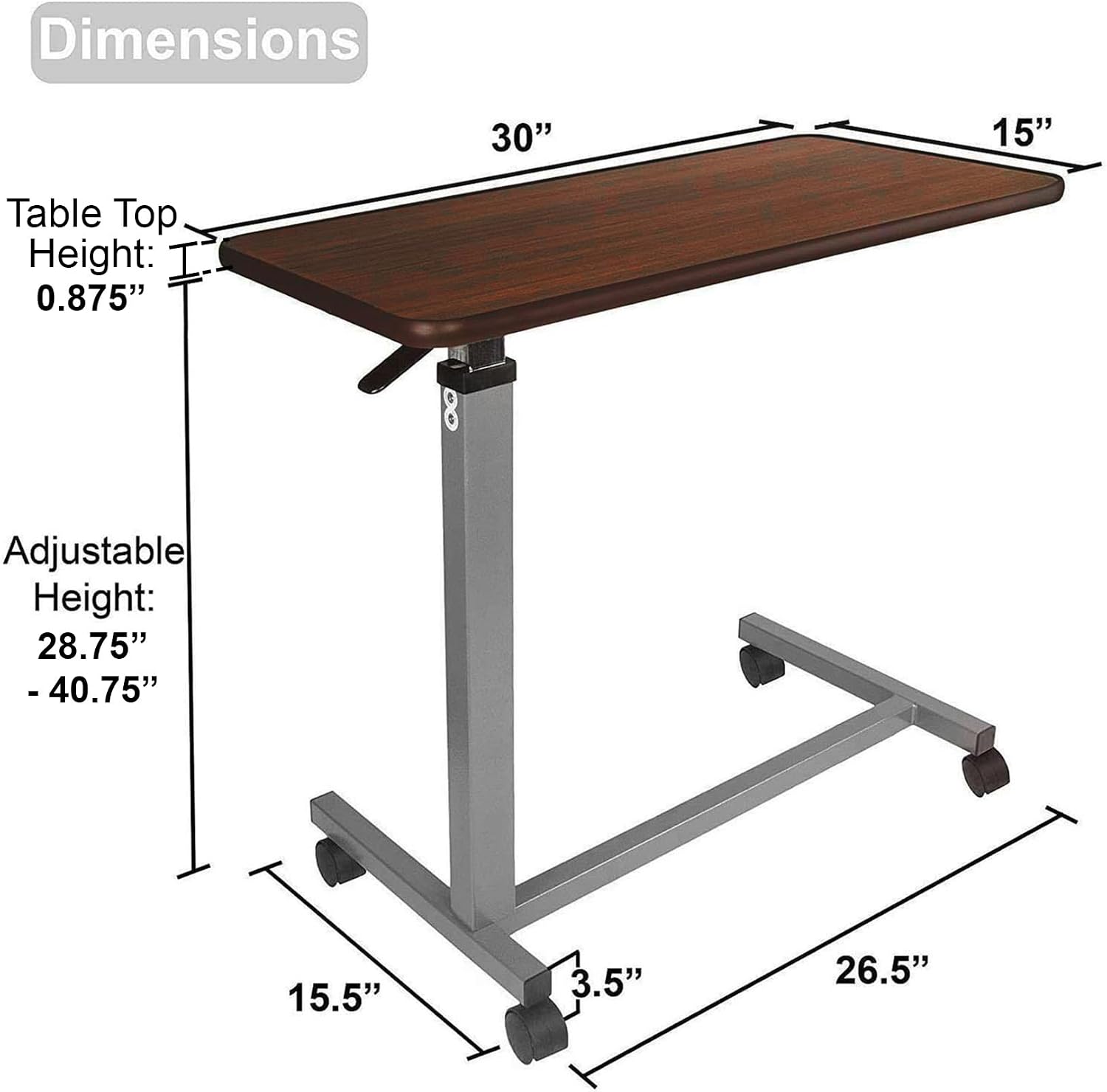 Medical Cart Adjustable Overbed Table with Wheels – Rolling Bedside Table for Hospital, Portable Standing Cart & Laptop Desk for Bed, Couch, Wheelchair - view 3