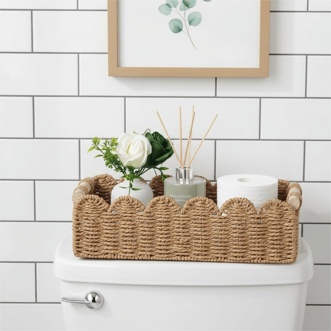 Scalloped Toilet Paper Storage Basket W/Handle for Home Decor | Paper Rope Toilet Organizer Basket for Countertop, Over Toilet Shelf, End Table, Living Room, Bedroom Decor & More, Neutral - view 2