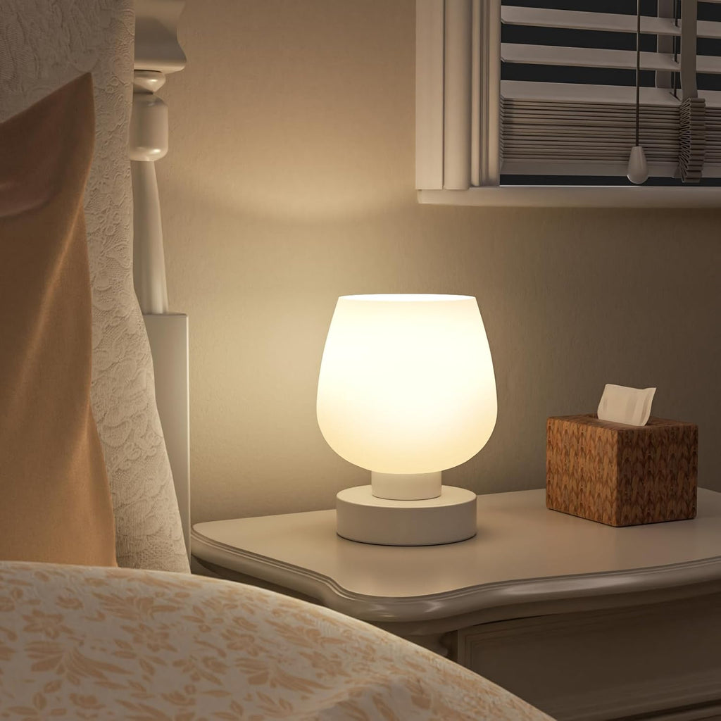 Small Touch Table Lamp for Nightstand, 3 Way Dimmable Bedside Lamp | White Glass Shade, Bedroom, Living Room, Night Stands, Small Spaces, LED Bulb Included, Gift Choice - view 2