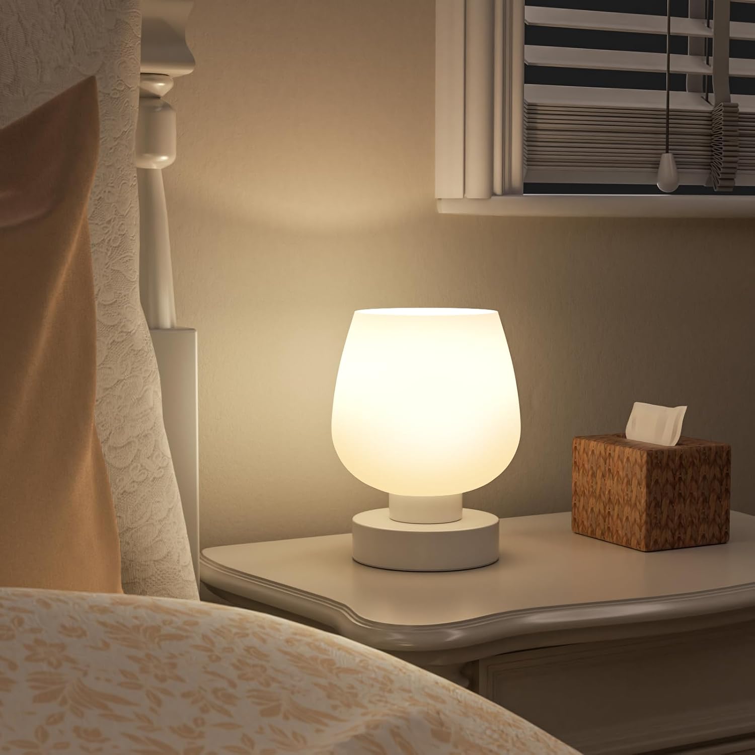 Small Touch Table Lamp for Nightstand, 3 Way Dimmable Bedside Lamp | White Glass Shade, Bedroom, Living Room, Night Stands, Small Spaces, LED Bulb Included, Gift Choice - view 2
