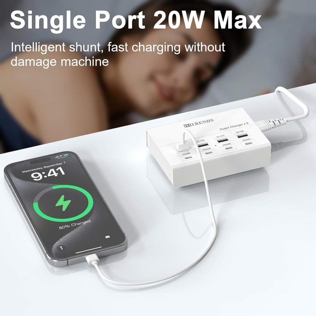 USB charger with USB C PD20W and USB A QC18W, 60W PD fast charging station, 5ft 8-port multiple desktop multi port USB charging hub compatible with iPad iPhone 17/16/15/14, Galaxy S24/S23/S22 - view 3