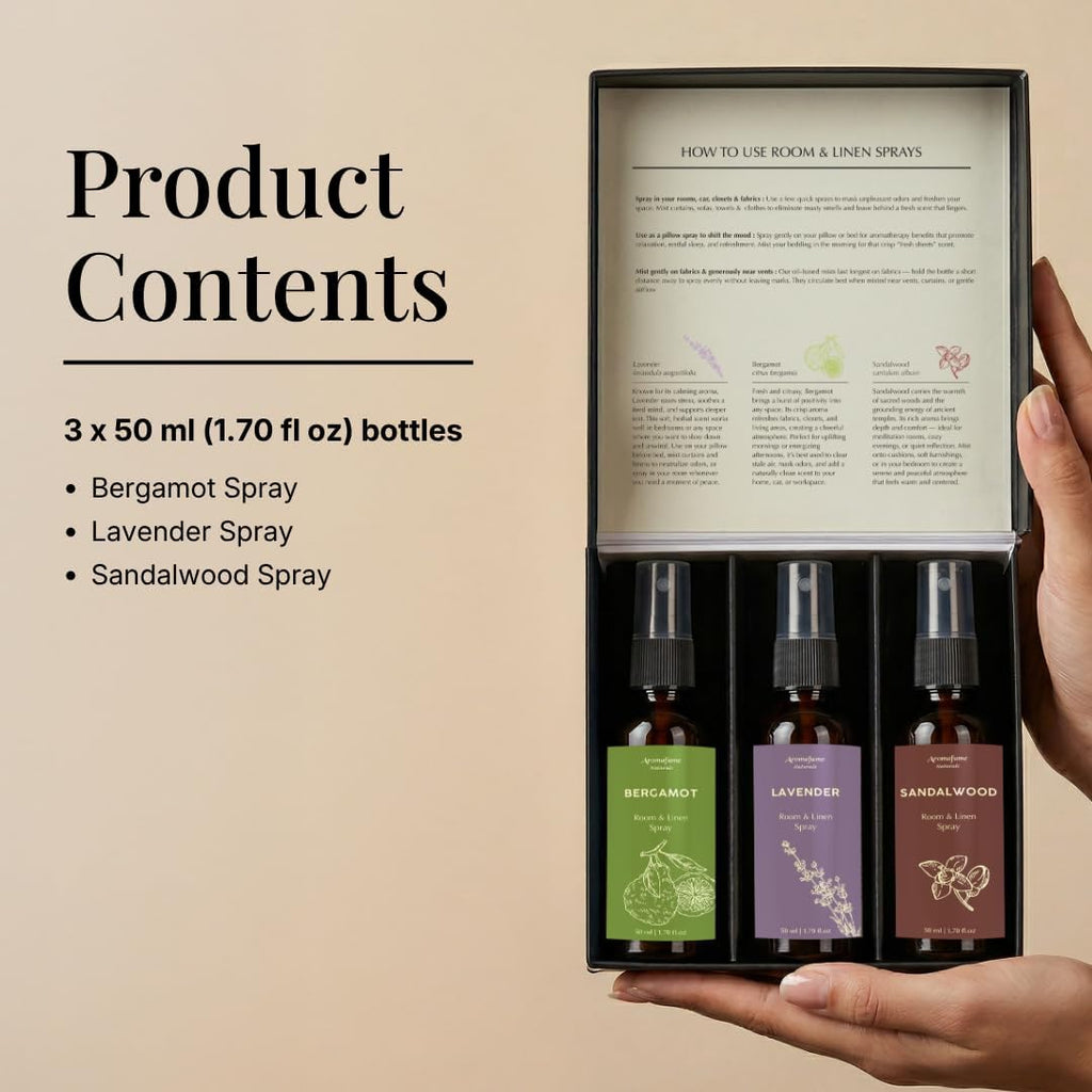 Lavender, Bergamot & Sandalwood Room & Linen Spray Gift Set | Made with Pure Essential Oils| Lavender for Sleep, Bergamot to Uplift & Sandalwood to Calm | Aromatherapy Gifts - view 2