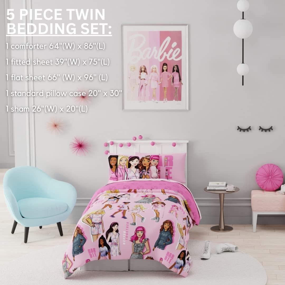 Barbie Barbiecore Bedding Super Soft Comforter and Sheet Set with Sham, 5 Piece Twin Size, College Dorm Essentials (Official Licensed Product) - view 3