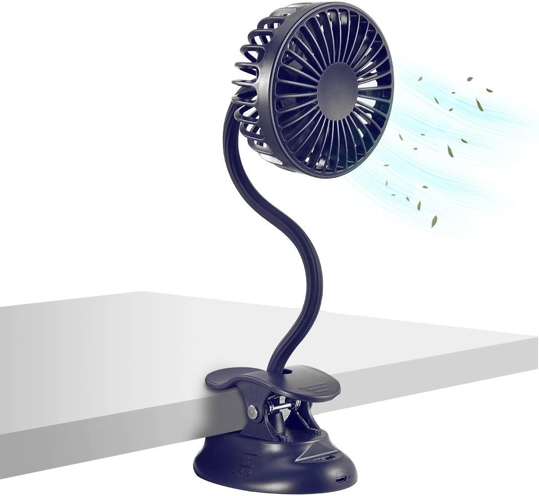 Clip on fan USB battery operated desk clip fan with emergency power bank, baby stroller fan rechargeable personal fan flexible neck 3 speeds great for beach car camping dorm bed office-navy blue