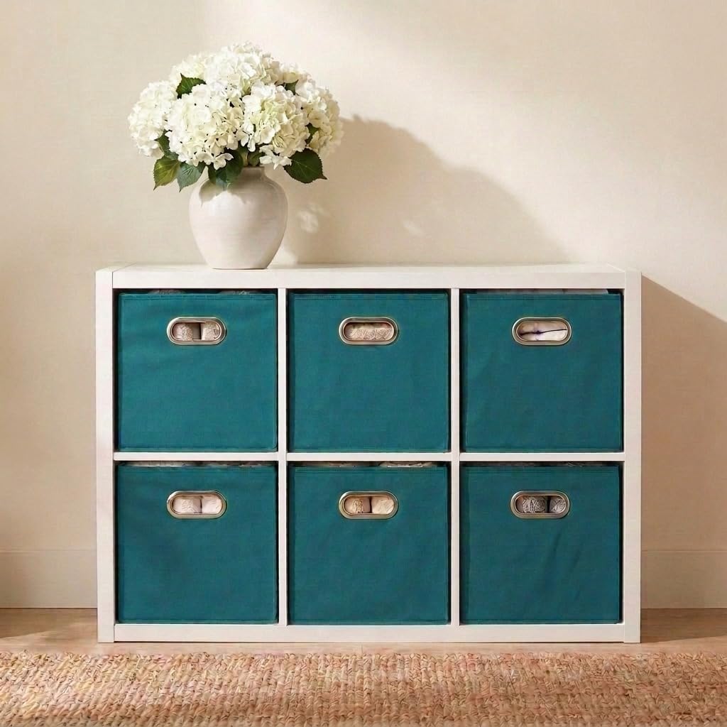 Fabric Storage Bins in Strong Poly‑Woven Fabric, Sturdy Chipboard Sides, Grommet Front Handle, Teal Green, Set of 6 - view 4